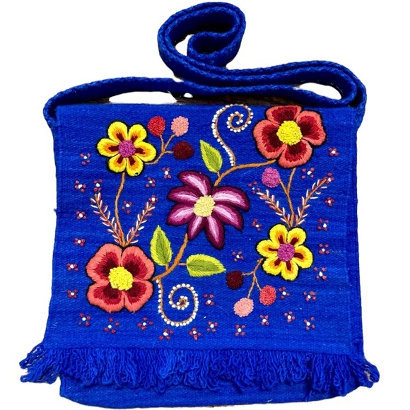 Hand Crafted Handbags - Colorful Botanical Embroidered Royal Blue Woven Crossbody Messenger Festival Bag